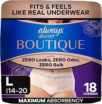 Always Discreet Boutique Incontinence and Postpartum Underwear for Women, Maximum Protection, Large, Rosy, 18 Count