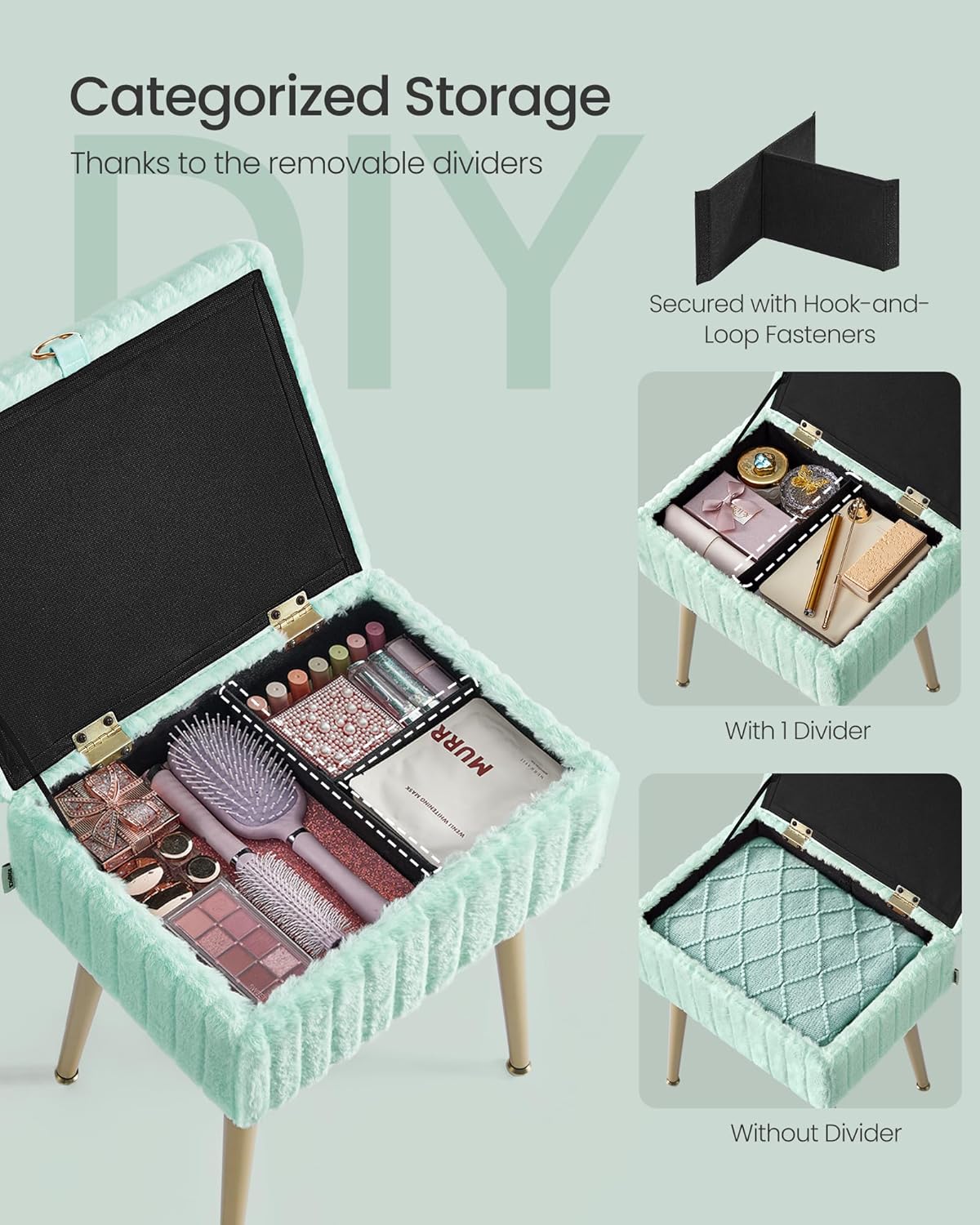 SONGMICS Vanity Stool Chair Faux Fur with Storage, Vanity Bench, Metal Legs, Adjustable Feet, for Living Room, Bedroom, Makeup Room, Moonlight Green ULOM505CZ02