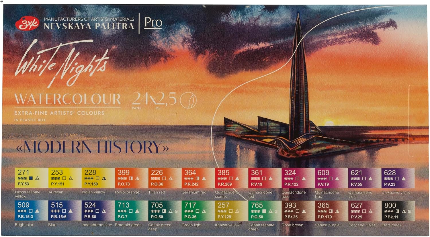 White Nights Professional Watercolor Set Modern History Collection with 24 Full Pans (2.5 ml Each) of Extra Fine Artist Grade, Vibrant, Lightfast Colors in Durable Plastic Box by Nevskaya Palitra