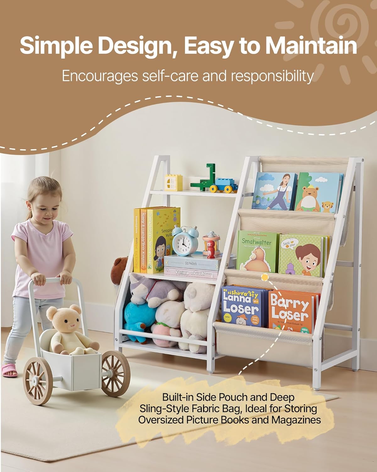 VEVOR 3-Tier Kids Bookshelf, Toy Storage Organizer for Toddler, Book Shelf for Kids Rooms with Sling Book Rack and Storage Bag, Kids Storage Book Shelves for Kids Room, Playroom, Kindergarten, Nursery