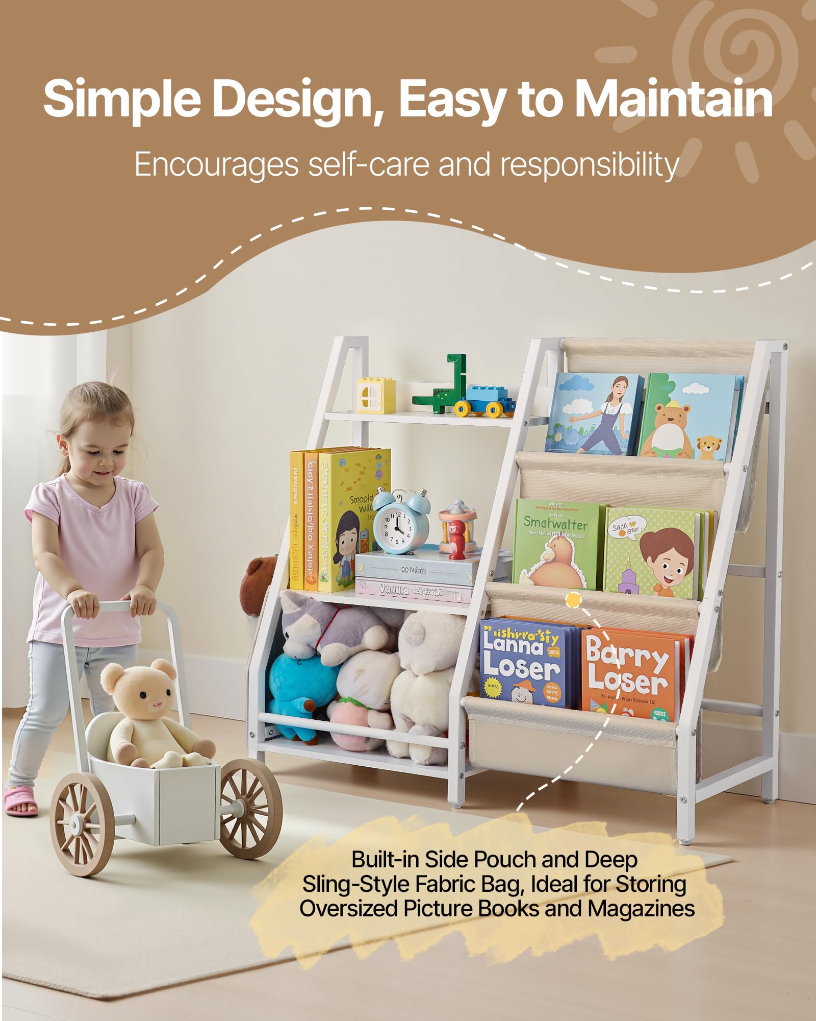 VEVOR Estantería Infantil de 3 Niveles, Estantería 850 x 300 x 755 mm con Soporte para Libros y Bolsa de Almacenamiento, Mueble para Niños para Dormitorio, Habitación Infantil y Salón, Blanco