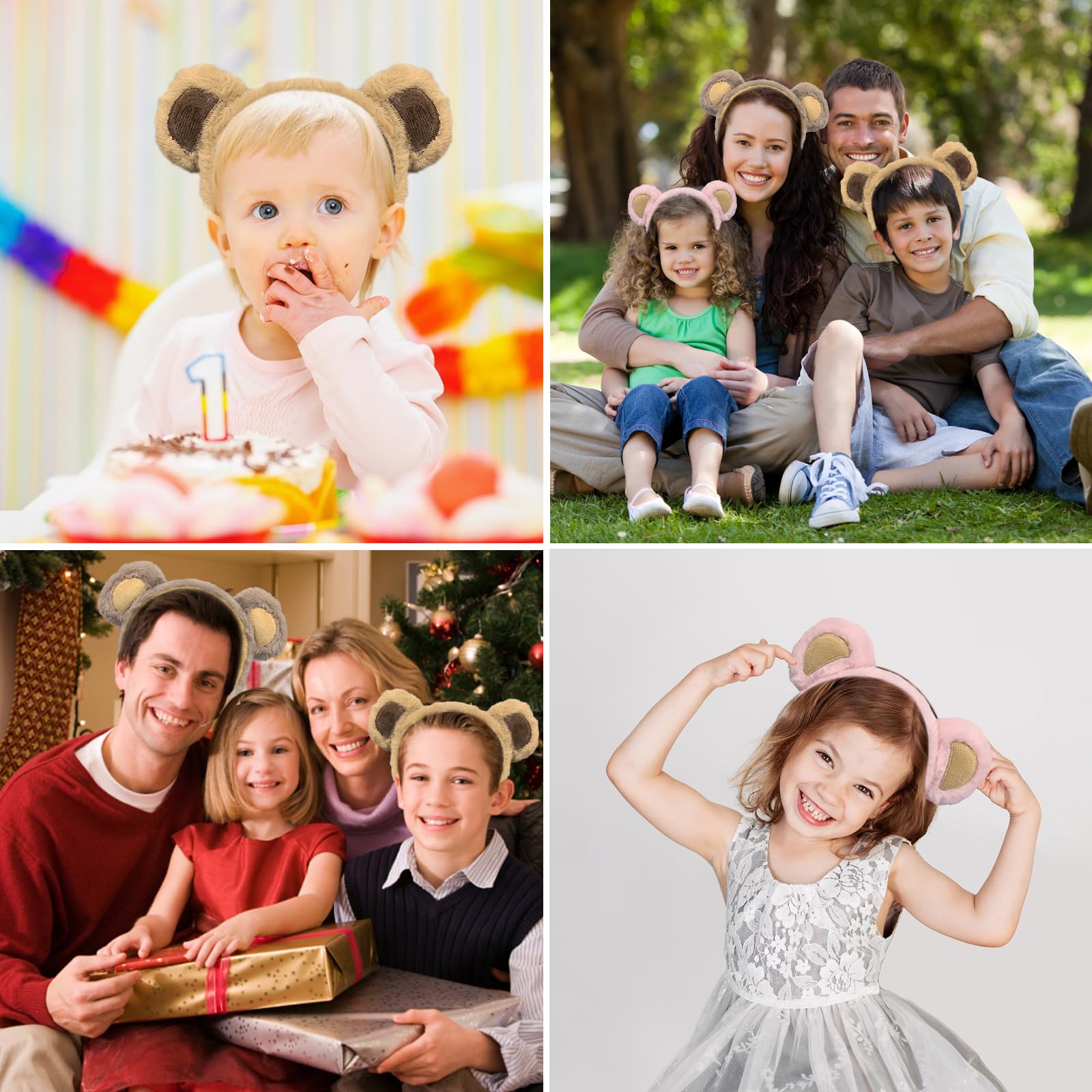 3 Fasce Per Capelli Con Orecchie Da Orso In Peluche – Morbide E Regolabili, Per Adulti E Bambini, Colori Curry, Marrone, Rosa - 3