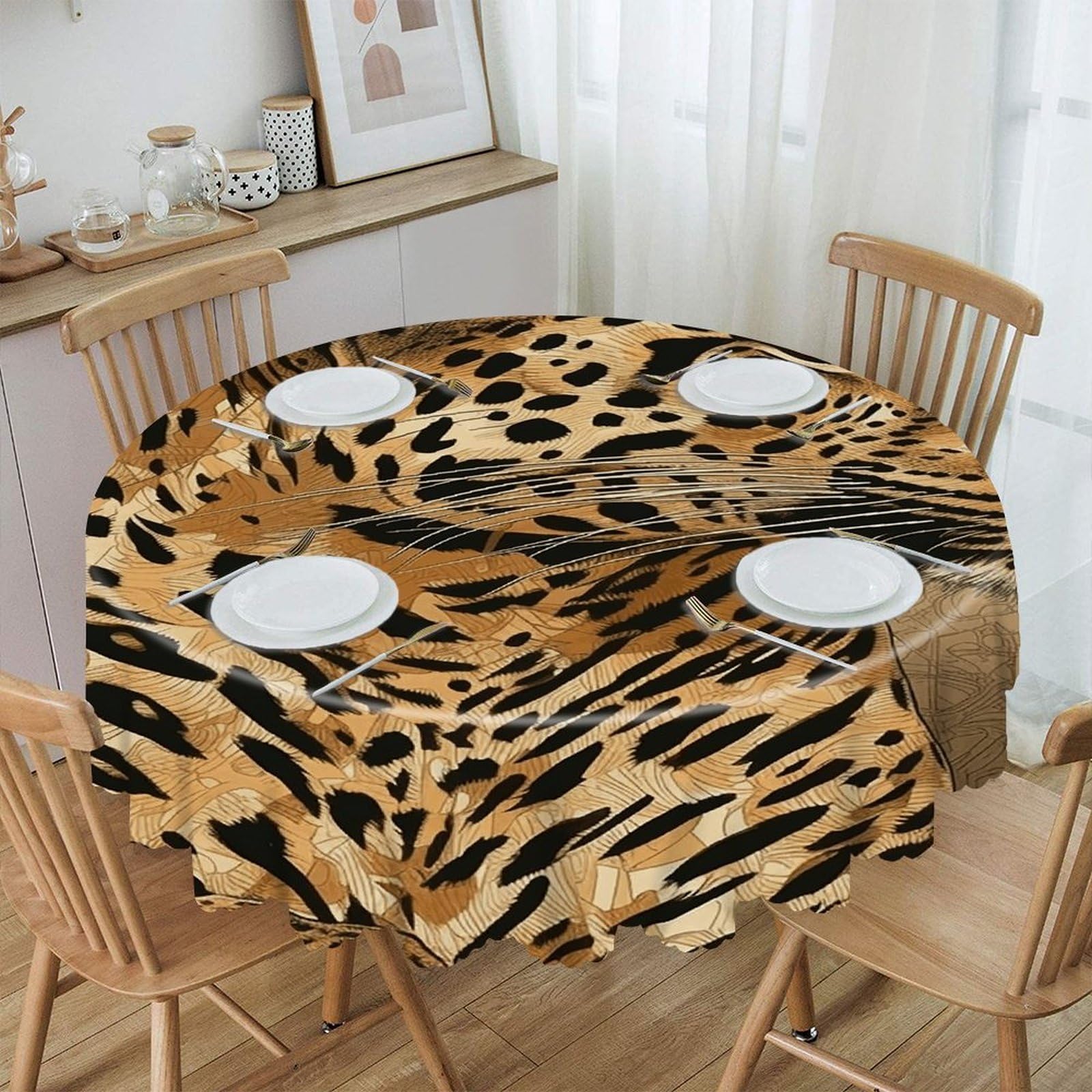 Btcowzrv Style Hand Drawn Leopard Polyester Round Tablecloth 59.84 Inch, Decorative Washable Table Cover, Table Cloth For Restaurant Picnic Indoor And Outdoor Dining