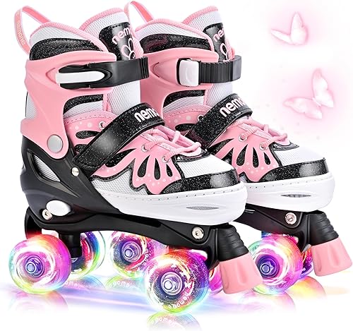 NEMONE Sirena - Patines de ruedas ajustables con luz de 4 tamaños para niñas, patines morados y azules para niños pequeños, patines principiantes