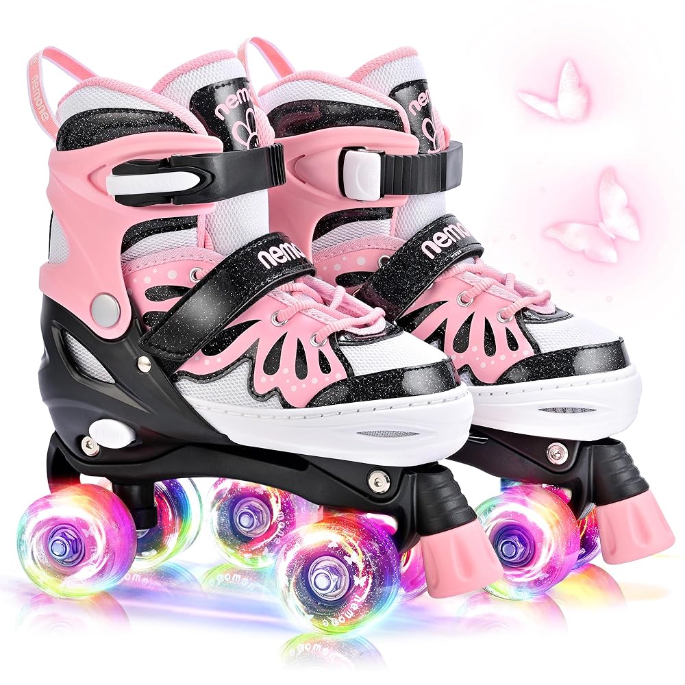 NEMONE 4 Size Adjustable Light up Roller Skates for Girls, Butterfly Roller Skates for Kids Ages 4-6 5-8 6-12 8-12, Todder Beginner Skates Indoor Outdoor Black Pink L