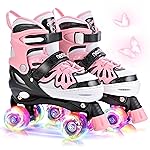 NEMONE 4 Size Adjustable Light up Roller Skates for Girls, Butterfly Roller Skates for Kids Ages 4-6 5-8 6-12 8-12, Todder Beginner Skates Indoor Outdoor Black Pink L