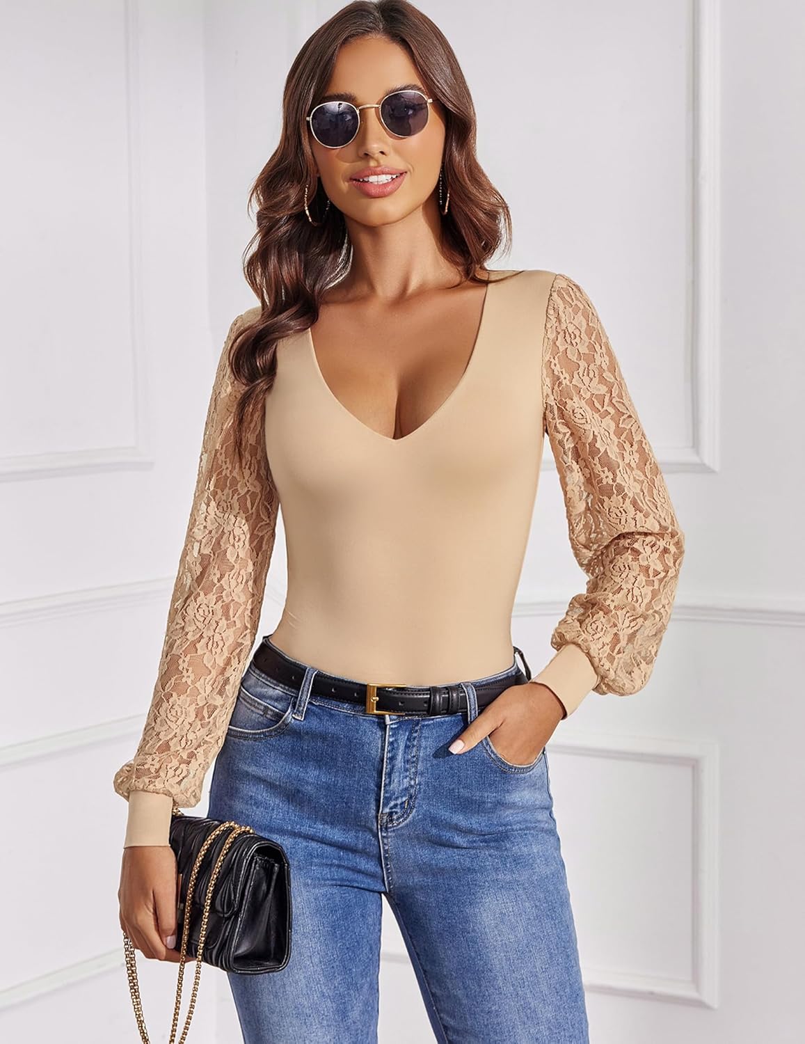 Avidlove Womens Long Sleeve Bodysuit Double Lined V Neck Lace Puff Sleeves Going Out Top Shirts Thong Leotard Body Suit - Image 5