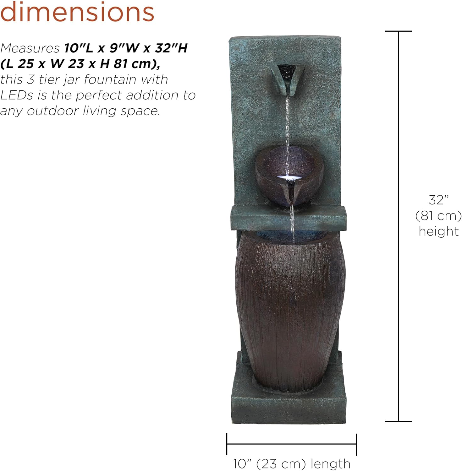 Alpine Corporation TZL388 32" 3 Tier Jar Fountain with LED Lights, Elegant Outdoor Water Feature for Garden, Patio, Backyard, Home Décor, Ceramic Water Fountain & Landscape Decorations, Gray