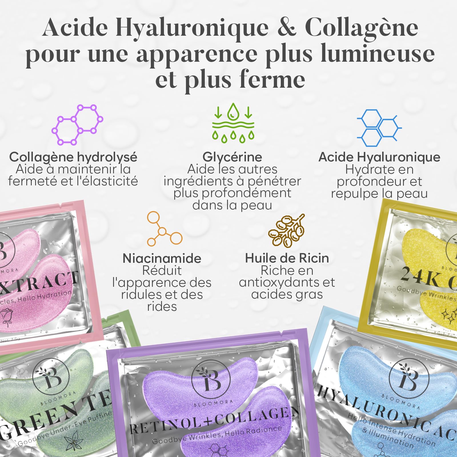 BLOOMORA Patch Yeux Anti Cernes (30 paires), Masque Yeux avec Niacinamide et Acide Hyaluronique, Patch Anti Cernes et Poches - Mix 30 pcs