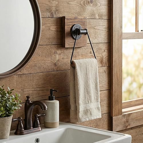 Miniatura 4 de MyGift Bathroom Hand Towel Holder, Towel Rack Ring 5.5x8.7 inch for Kitchen, Laundry Room, Matte Black Industrial Metal with Rustic Solid Burnt Wood