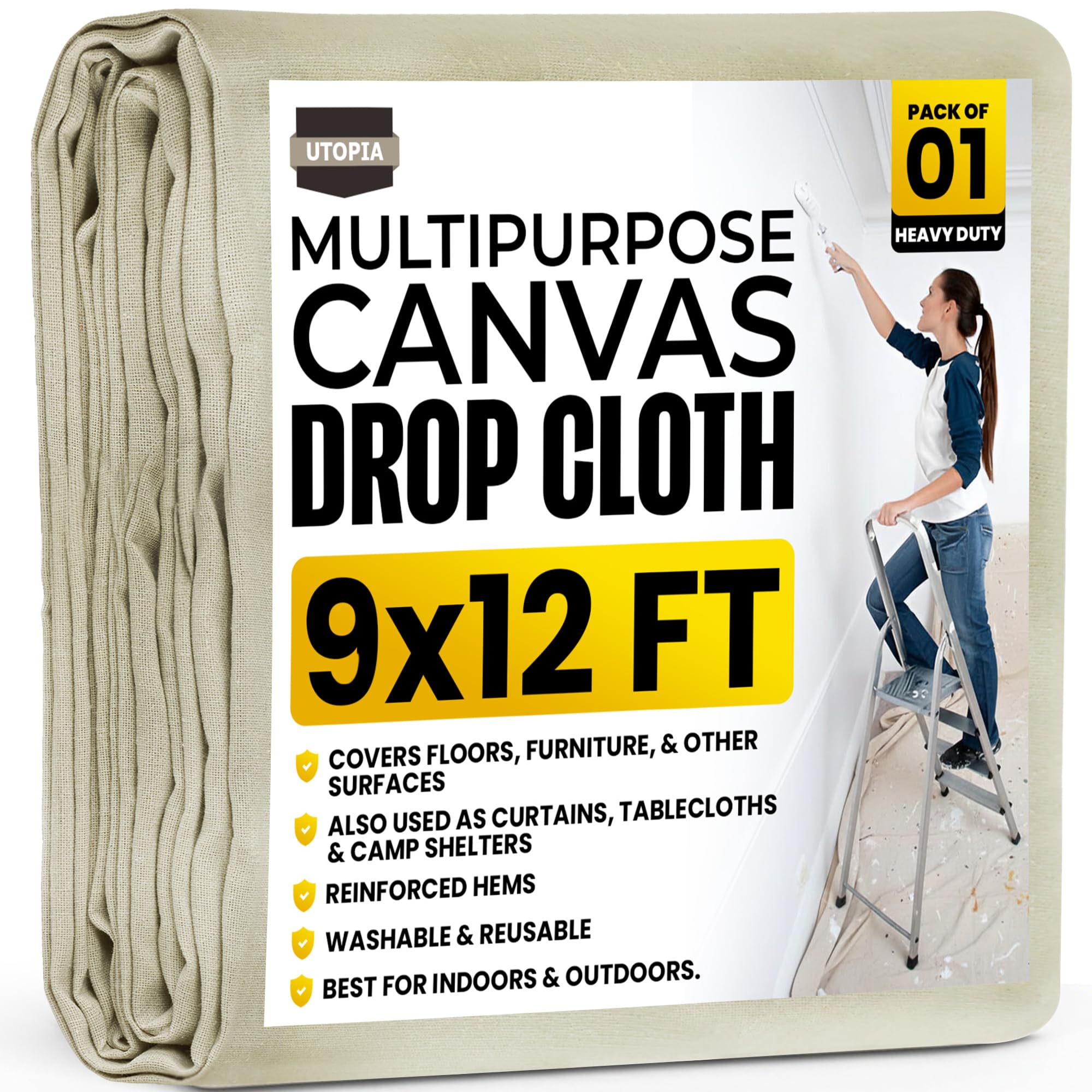 Utopia Drop Cloth for Painting (9x12 ft, 1 Pack) Washable and Reusable Canvas Fabric for Furniture & Floor Protection Highly Absorbent Paint Cover - Duck Dropcloth for Outdoor and Indoor Use