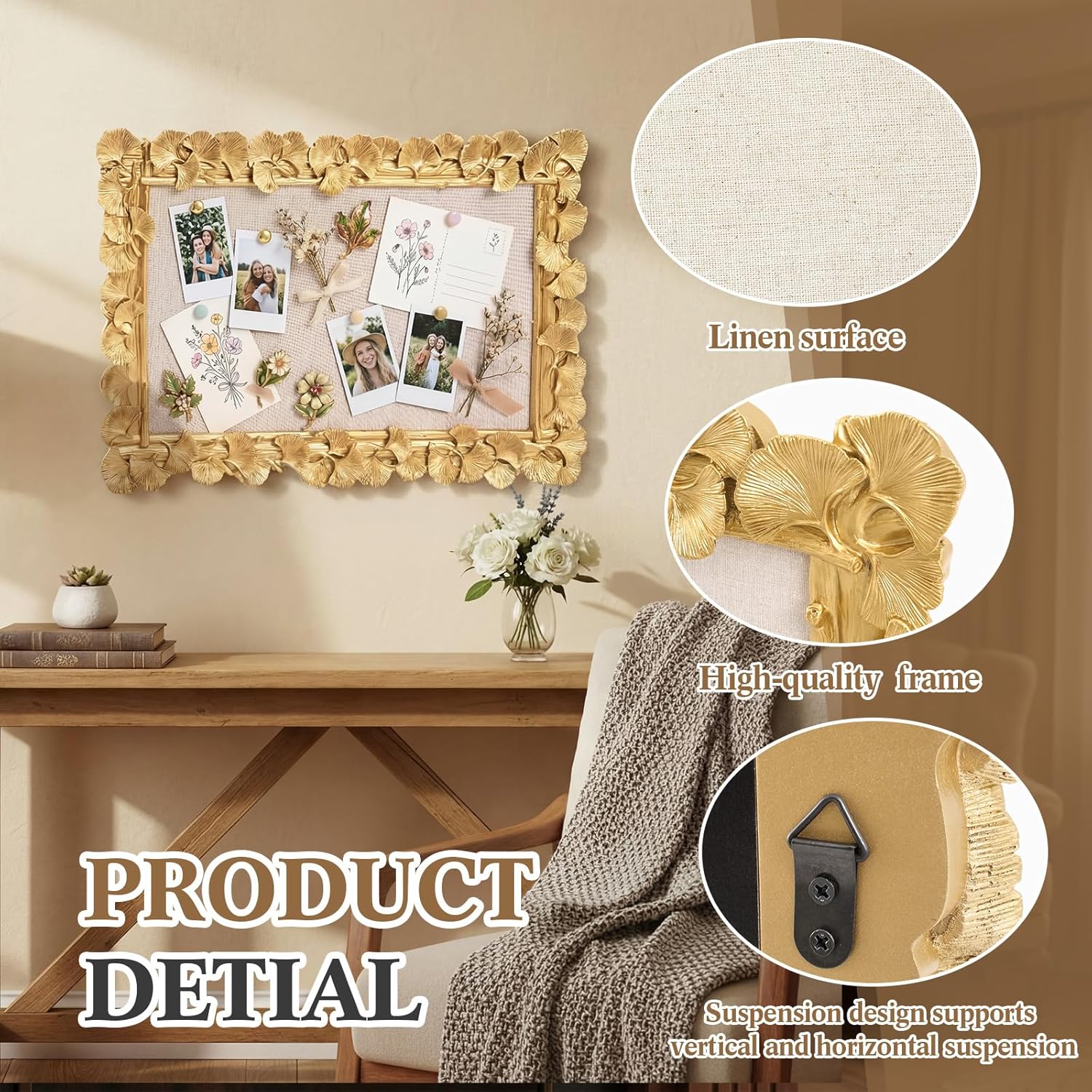 Wonderjune Vintage Framed PinBoard Linen Display Bulletin Board Large Cork Fabric Picture Photo Memo Pinboard Fancy Ornate Decorative Vision Board for Wall(Ginkgo Leaf,30'' X 20'',Leaf Gold)