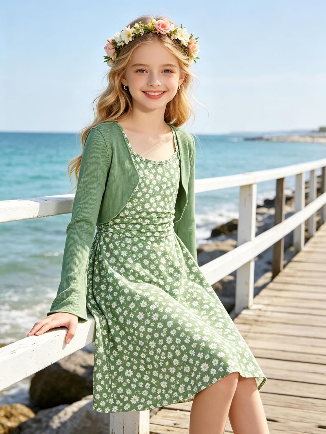 uideazone Girls Floral Cami Dress with Bell Sleeve Cardigan 2 Piece Sets