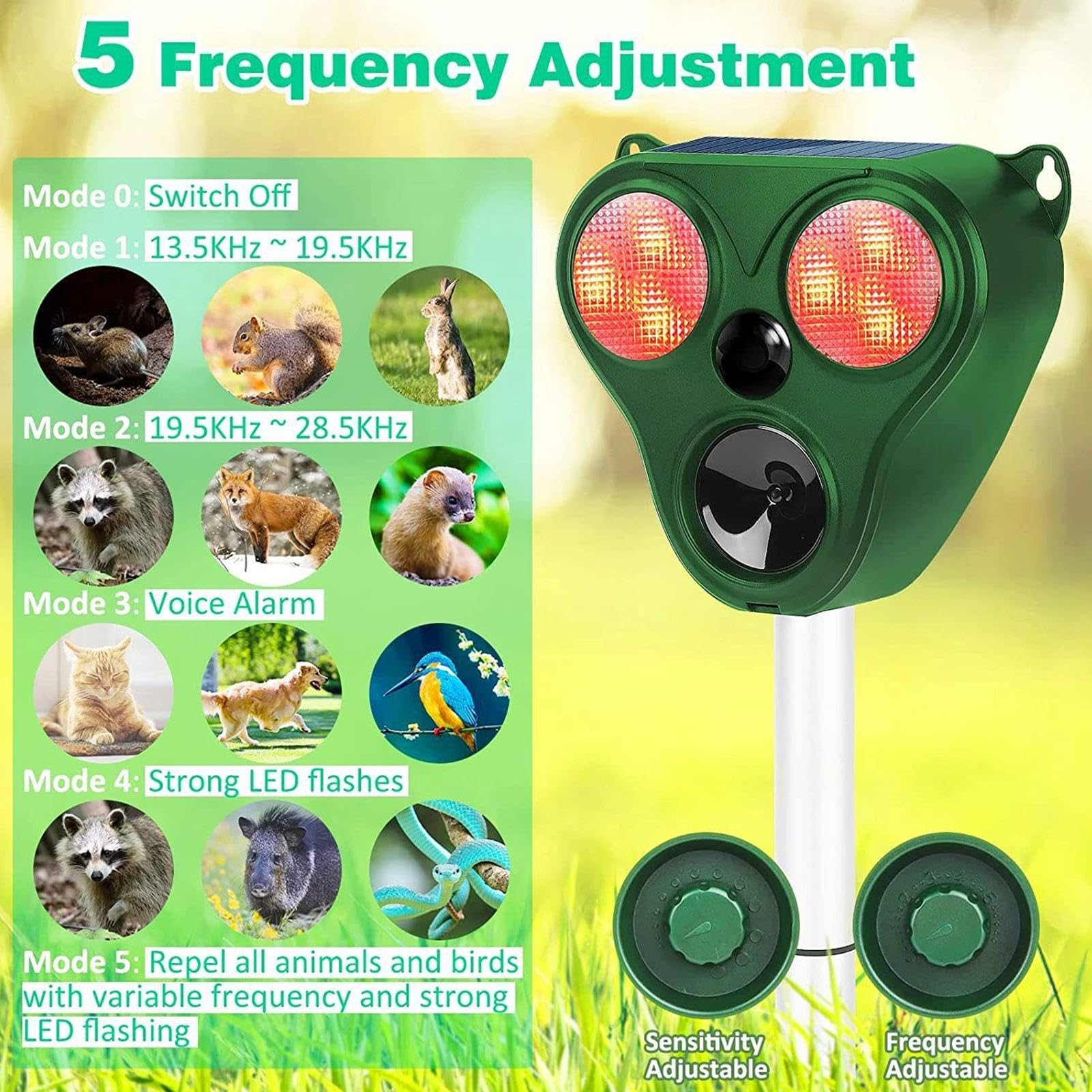 Repellente per animali ad energia solare, repellente ad ultrasuoni per uccelli e topi, dispositivo esterno impermeabile con luci LED per cortile, giardino e fattoria
