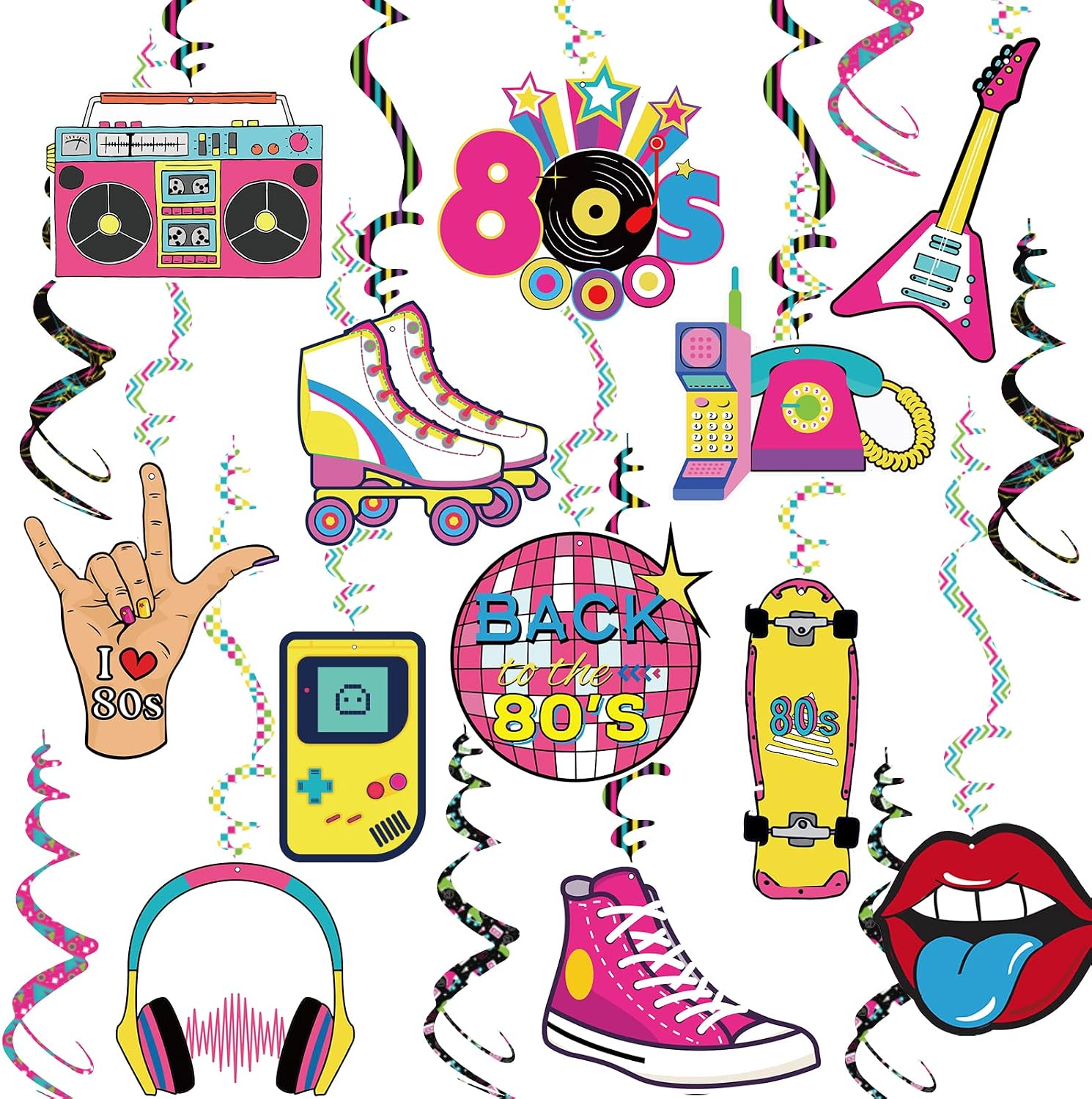 80s Party Birthday Decorations Back to the 80 Hanging Swirls Ceiling Streamers Throwback Retro 80's Theme 1980s Backdrop Party Decor Supplies 30 Pcs