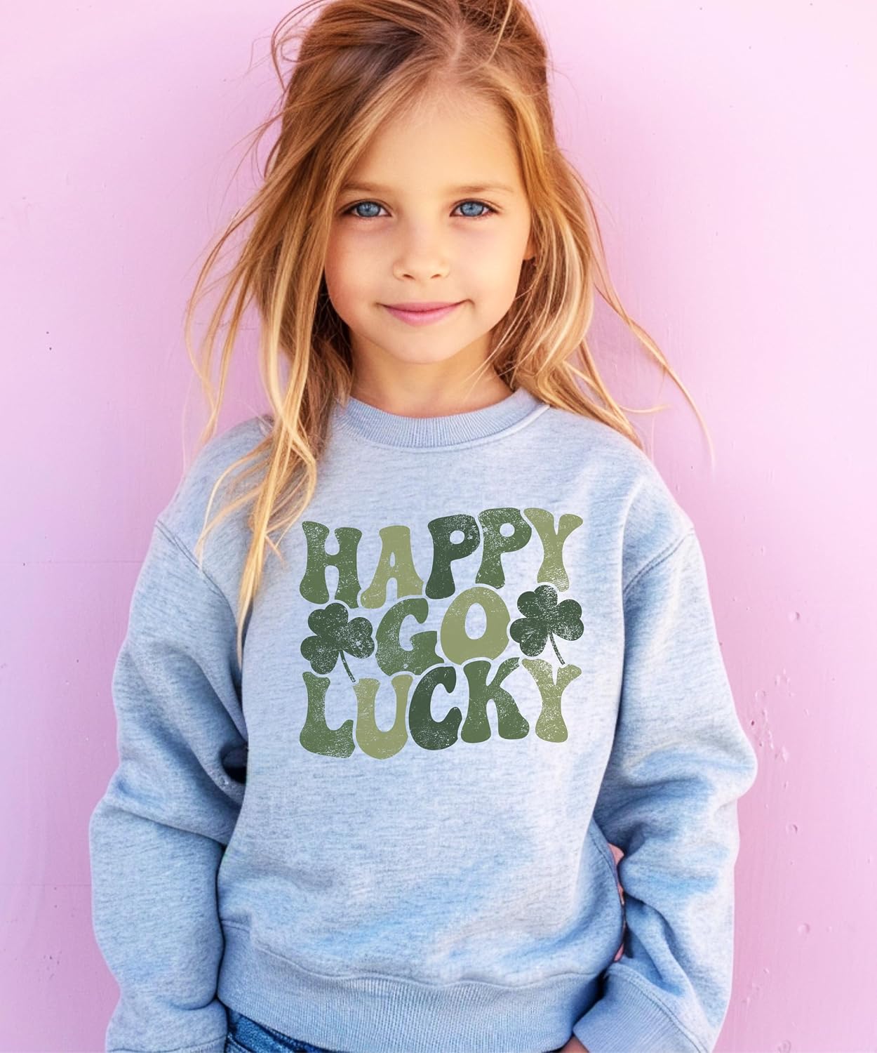 Olive Loves Apple Happy Go Lucky Sweatshirt for Women and Youth Girls St Pattys Day Clover Sweater