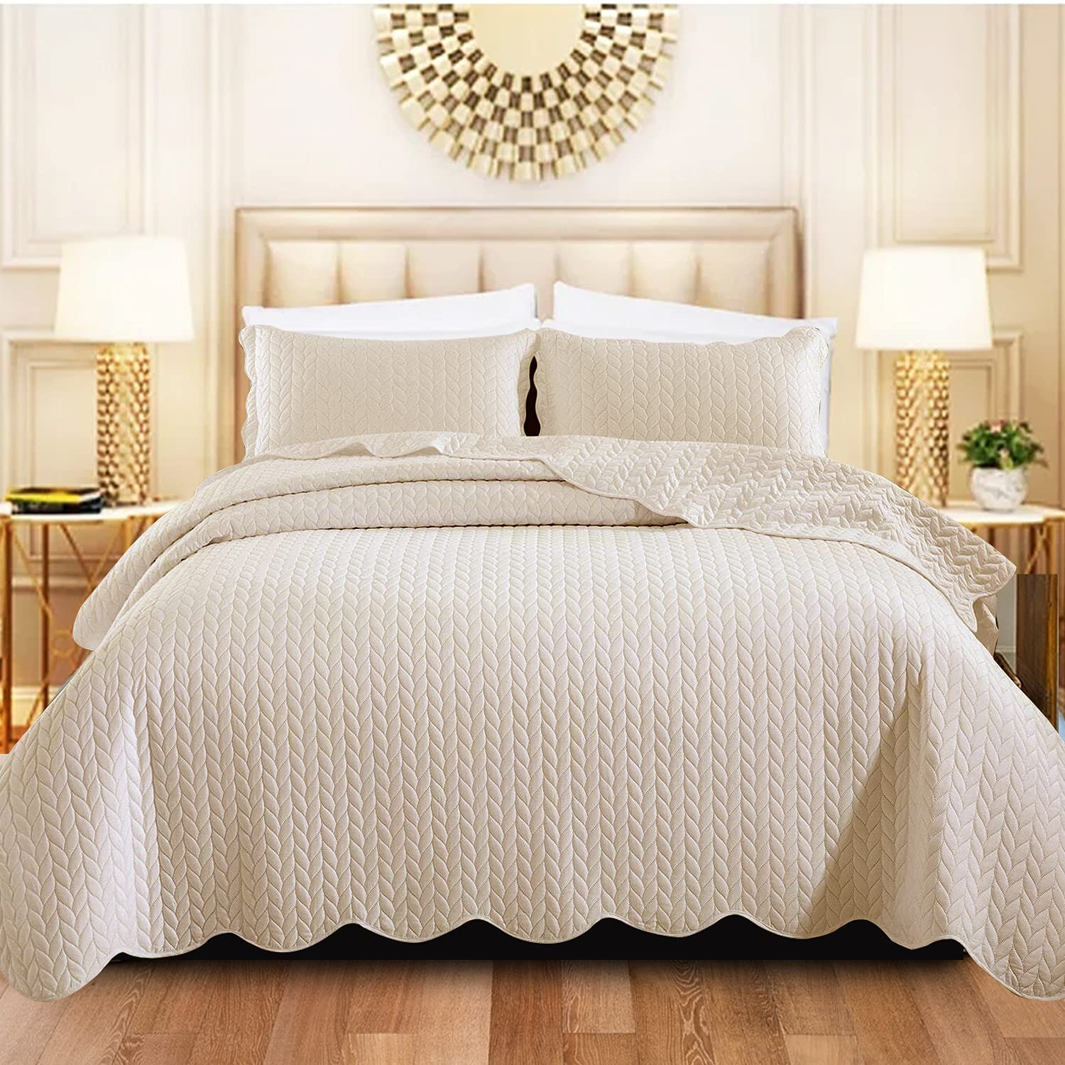 Shop Direct 24 Quilted Bedspread King Size Bed - Reversible Matt Finish Embossed Bedding Sets King Size Quilt 250 X 240 cm + 2 Pillow Shams - Beige