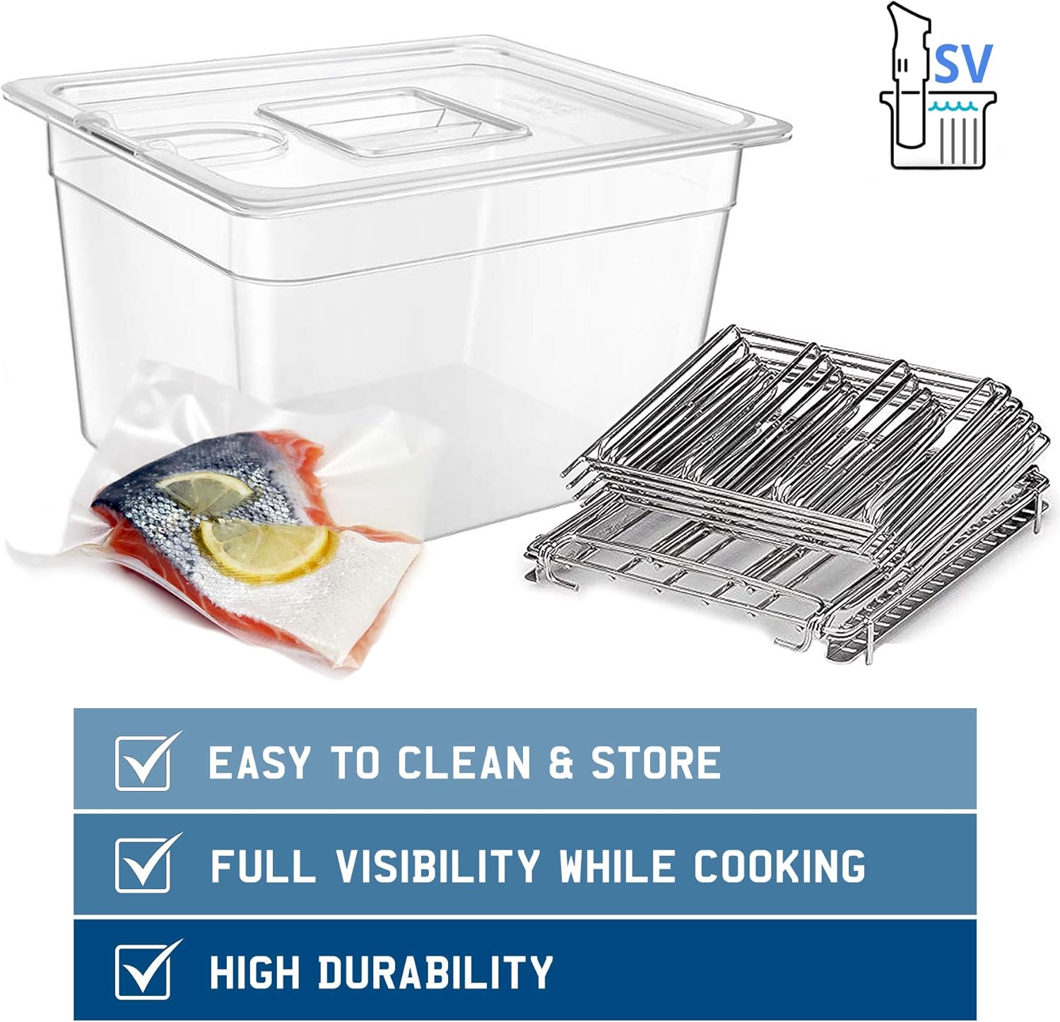 SV - Sous Vide Cooker Complete Set with Container Lid and Rack – Crystal Clear 12 Qt Container BPA Free NSF Rated - Stainless Steel Rack - Suits Anova, Nano, Joule and Most Circulators