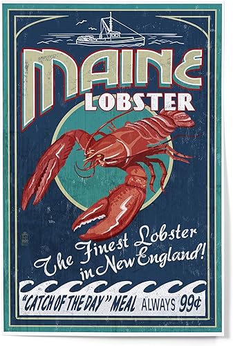 Lantern Press Decoración de pared con impresión artística de 12 x 18 pulgadas, Maine, langosta, letrero vintage