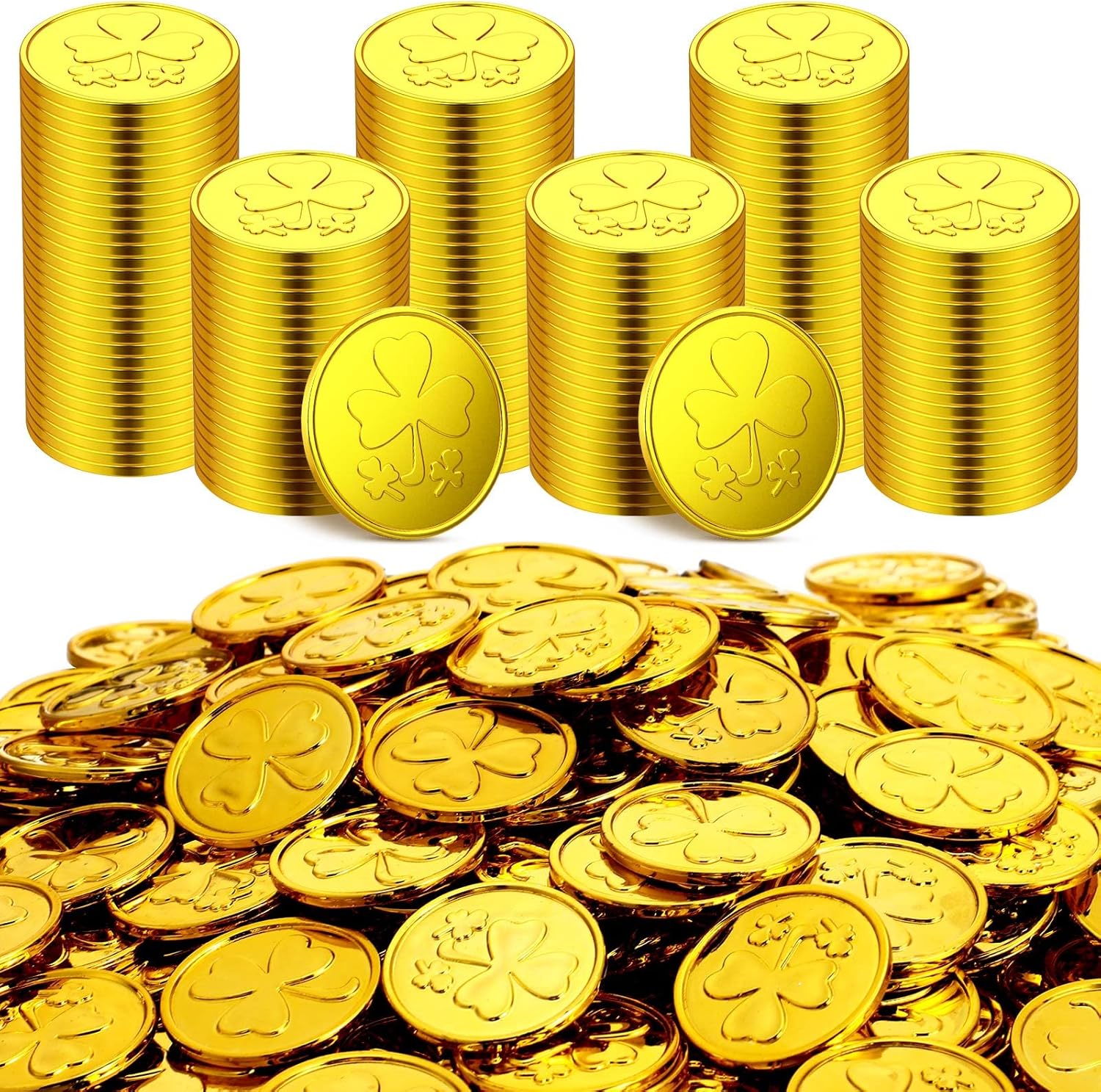 Sanwuta 400 Pieces St. Patrick's Day Gold Coins Plastic Lucky Shamrock Leprechaun Coins St Patricks Day Decorations with 3 Leaf Clover Patterns for Party Decoration Favors