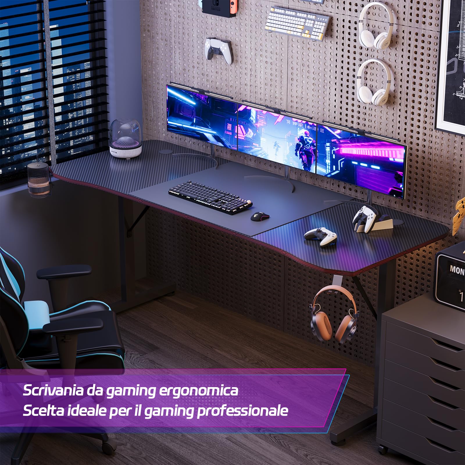 Devoko Scrivania Gaming 180 x 60 cm, Tavolo Gaming Ergonomica, Postazione con Piano del Tavolo in Fibra di Carbonio, Scrivania per Computer con Porta Bicchiere e Ganci per Cuffie, Nero