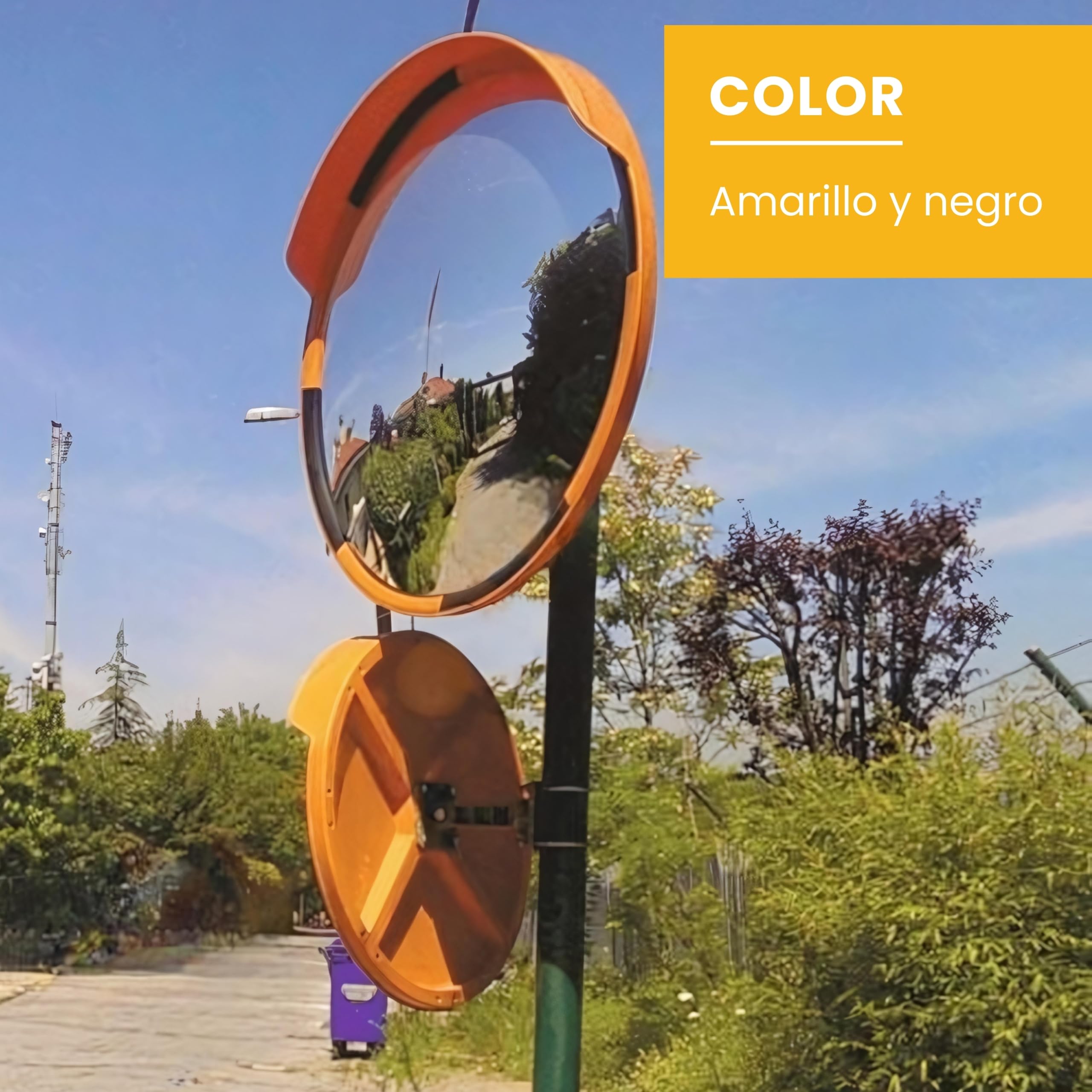 PARKING FACIL | Espejo de Tráfico Convexo de Seguridad con Marco | Tamaño: Ø 80 cm | Color Naranja y Negro | Incluye Soporte Poste y Pared | 1 Unidad
