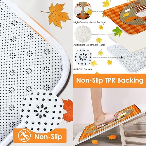Miniatura 4 de Arttown Happy Gnomes Shower Curtain Set with Toilet Lid Cover and Non-Slip Rugs, Pumpkin Leaf Autumn Fall 4 Pcs Shower Curtains for Bathroom
