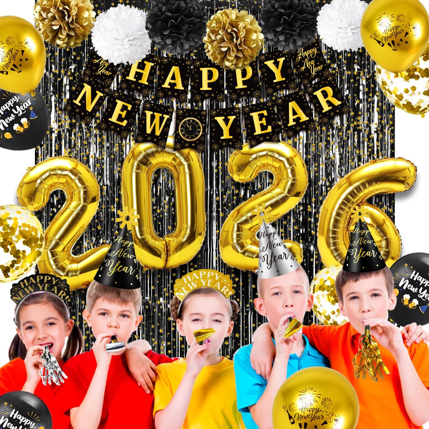 MOVINPE 2026 New Year Party Eve Decorations Kit - Happy New Years Eve Party Supplies, Banner Pom Poms Cone Hats Tiaras 32'' Number Balloons Foil Fringe Curtain Squawkers Blowouts - Image 5