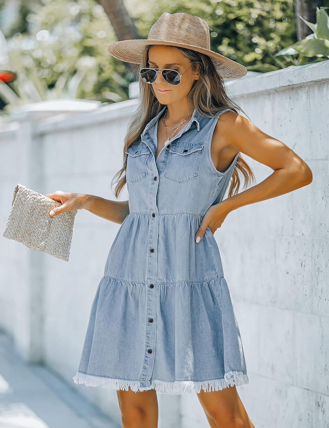 luvamia Women's Casual Summer Lapel Sleeveless Button Down Short Denim Jean Dress - Image 3