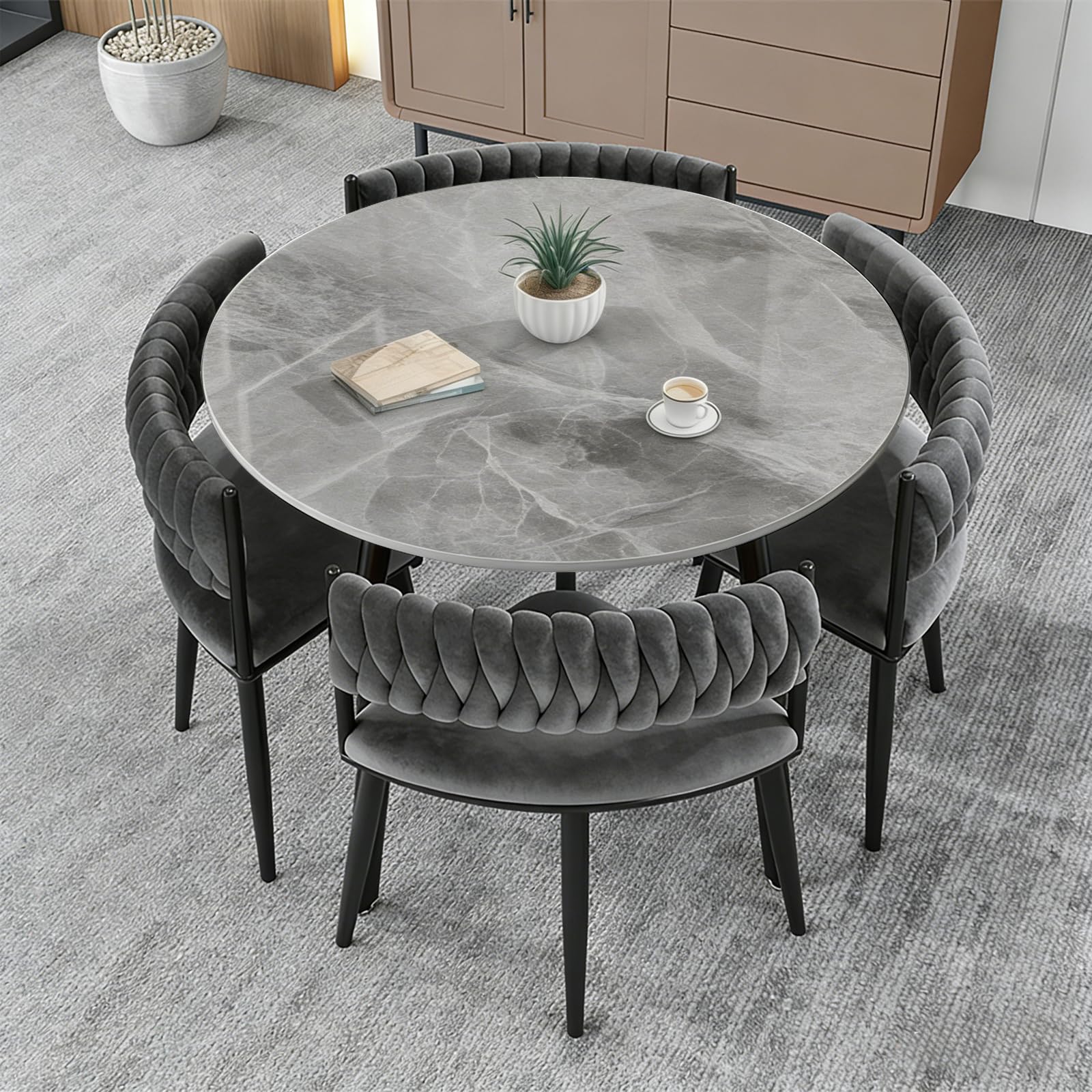 Runder Esstisch und 4 Stuhl Essgruppe 5-Teilig, Küchentisch Set für 4 Personen Moderne Sitzgruppe für Küche, Esszimmer, Wohnzimmer und Büro Grau