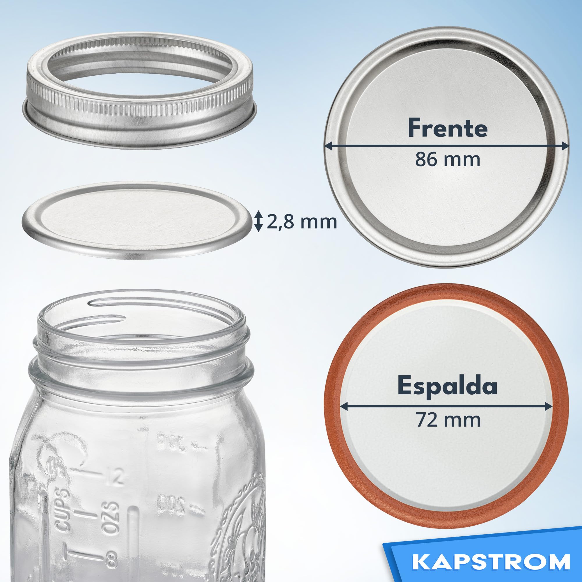 100 tapas para conservas para tarros Mason (plateadas, 86 mm), tamaño de boca ancha con sellador apto para alimentos, sello hermético para mantener las conservas frescas de KapStrom