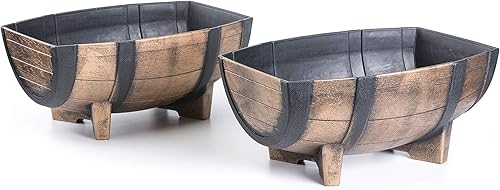 Gardenised Macetas rectangulares de medio barril de 2 piezas estilo rústico de madera sintética para uso en interiores y exteriores, perfectas para