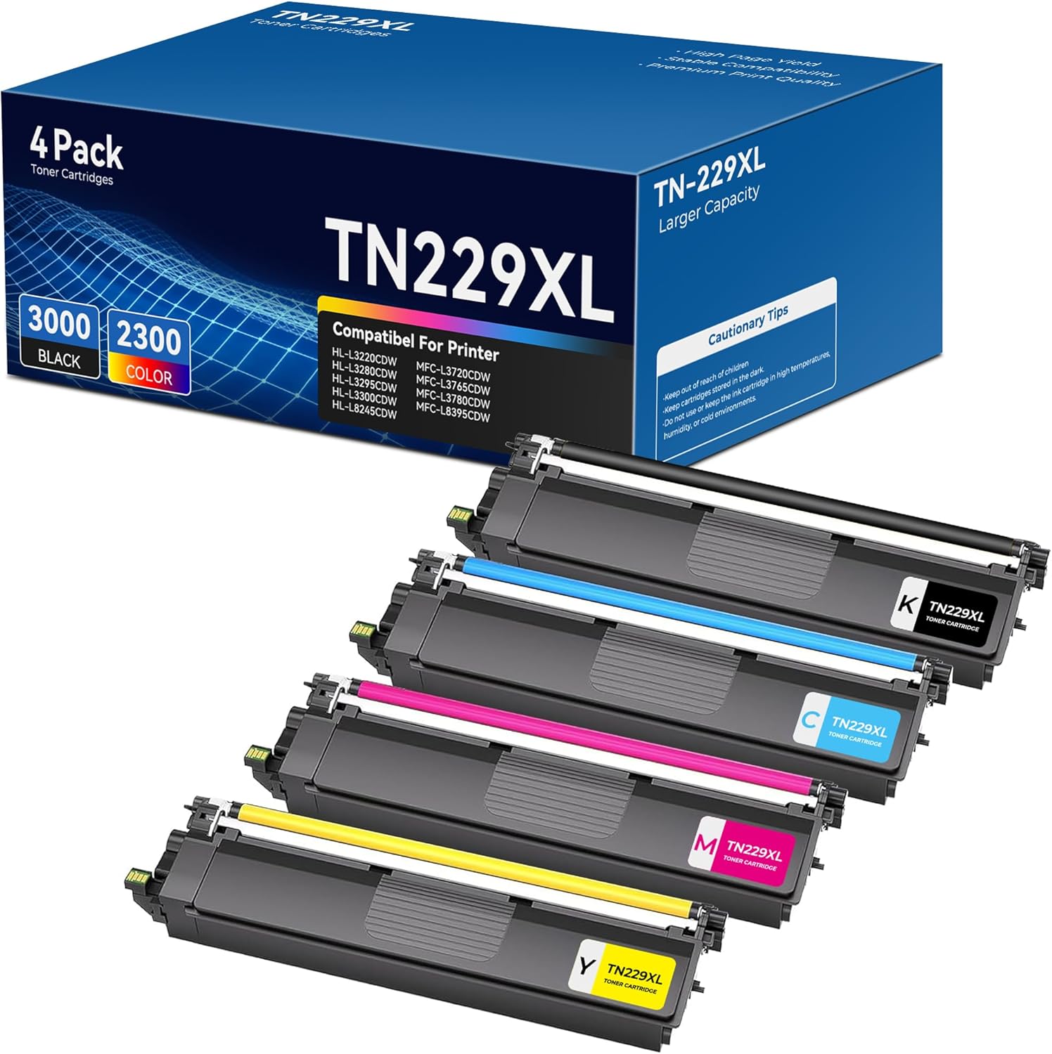 TN229XL Toner Cartridges for MFC-L3780CDW HL-L3280CDW Compatible for Brother TN229XL TN229 Toner for Brother MFC-L3720CDW MFC-L3765CDW HL-L3220CDW HL-L3300CDW HL-L3295CDW, 4 Pack (TN229XLBK/C/M/Y)