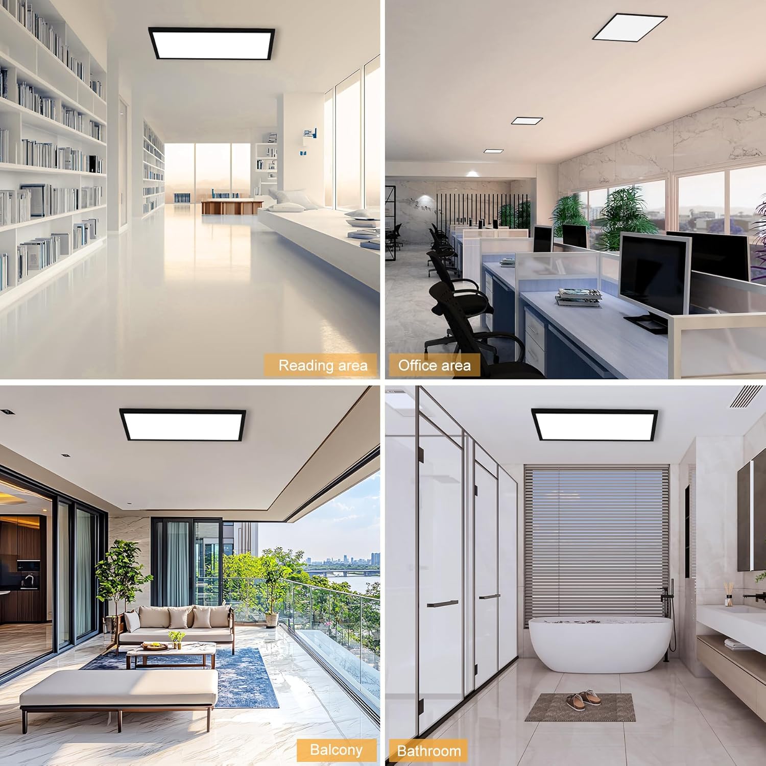 An office space with multiple GT-Lite LED flat panels installed in the ceiling, demonstrating their application in a professional environment.