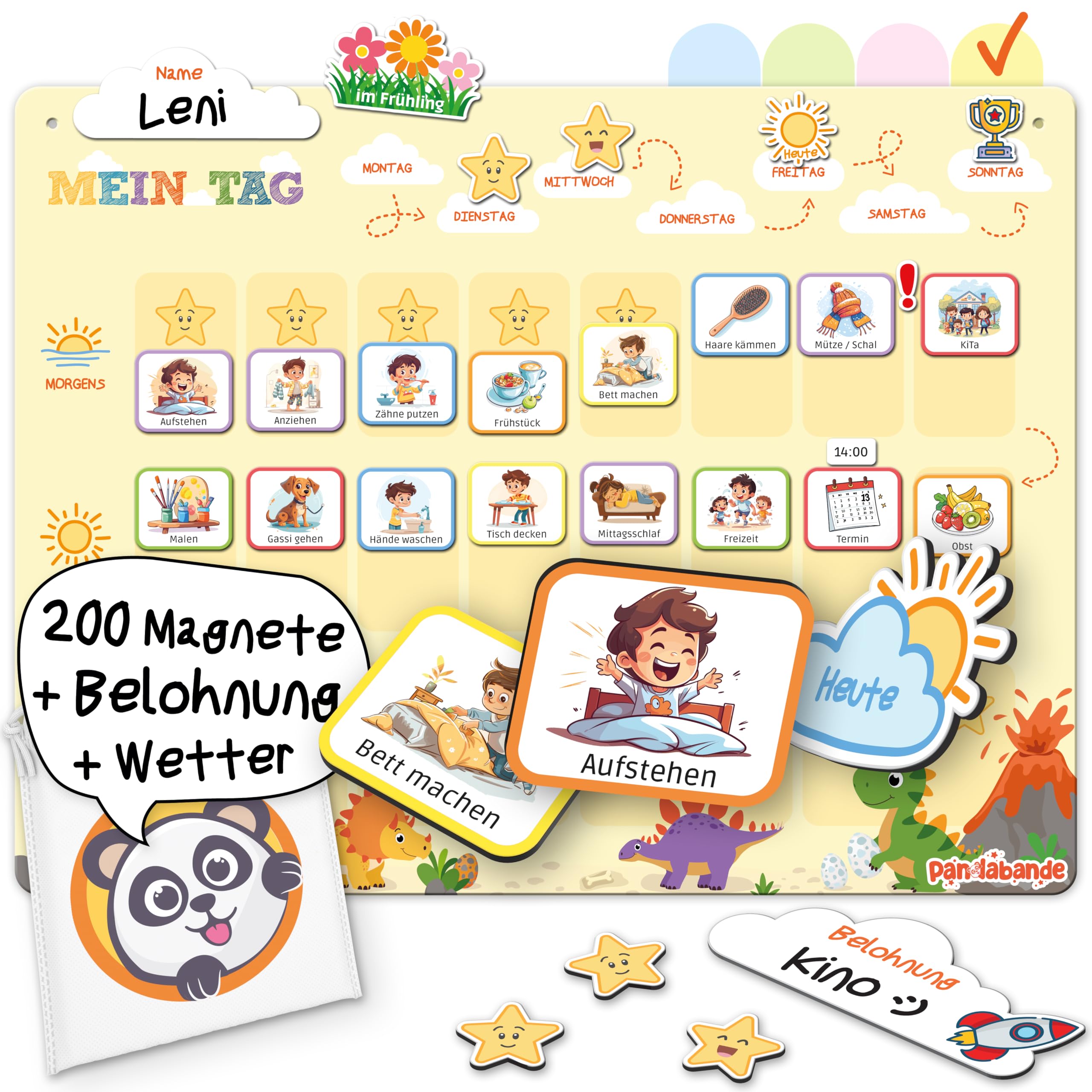 »PANDABANDE« Montessori Tagesplaner Kinder Routine [Belohnung, Wetter, 208 Magnete] - Tagesablauf Plan für Morgenroutine & Abendroutine - Idealer Tagesplan Magnetisch, Routineplan Kind (Dinosaurier)