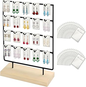 Earring Display Stand for Selling, Wood Earring Rack Display Holder Stand, 4 Tier 20 Hooks Jewelry Display for Selling with 40pcs Earring Cards, Bracelets, Rings, Necklaces