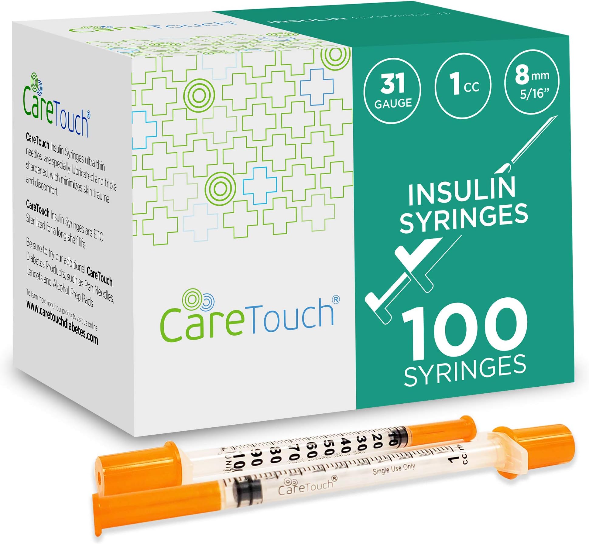 Care Touch Insulin Syringes 31g 1cc 5/16 Inch - 8 mm 1 cc (Pack of 100) - 31 Gauge 5/16 Inch Syringe Insulin Needles - Non-Toxic & Non-Pyrogenic Syringe w/Ultra Thin Needles
