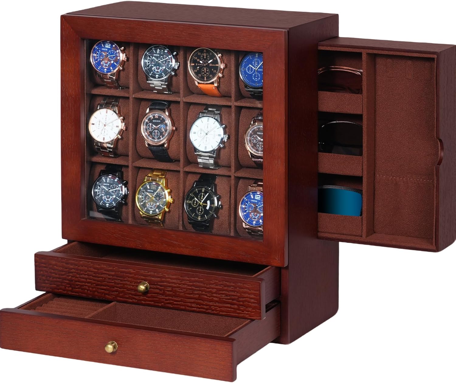 Large Watch Box for Men - 12-Slot Watch Display Case with Side Drawers for Sunglasses Necklaces, 2 Bottom Drawers for Jewelry Rings and More - Gift for Your Loved Ones, Brown and Brown