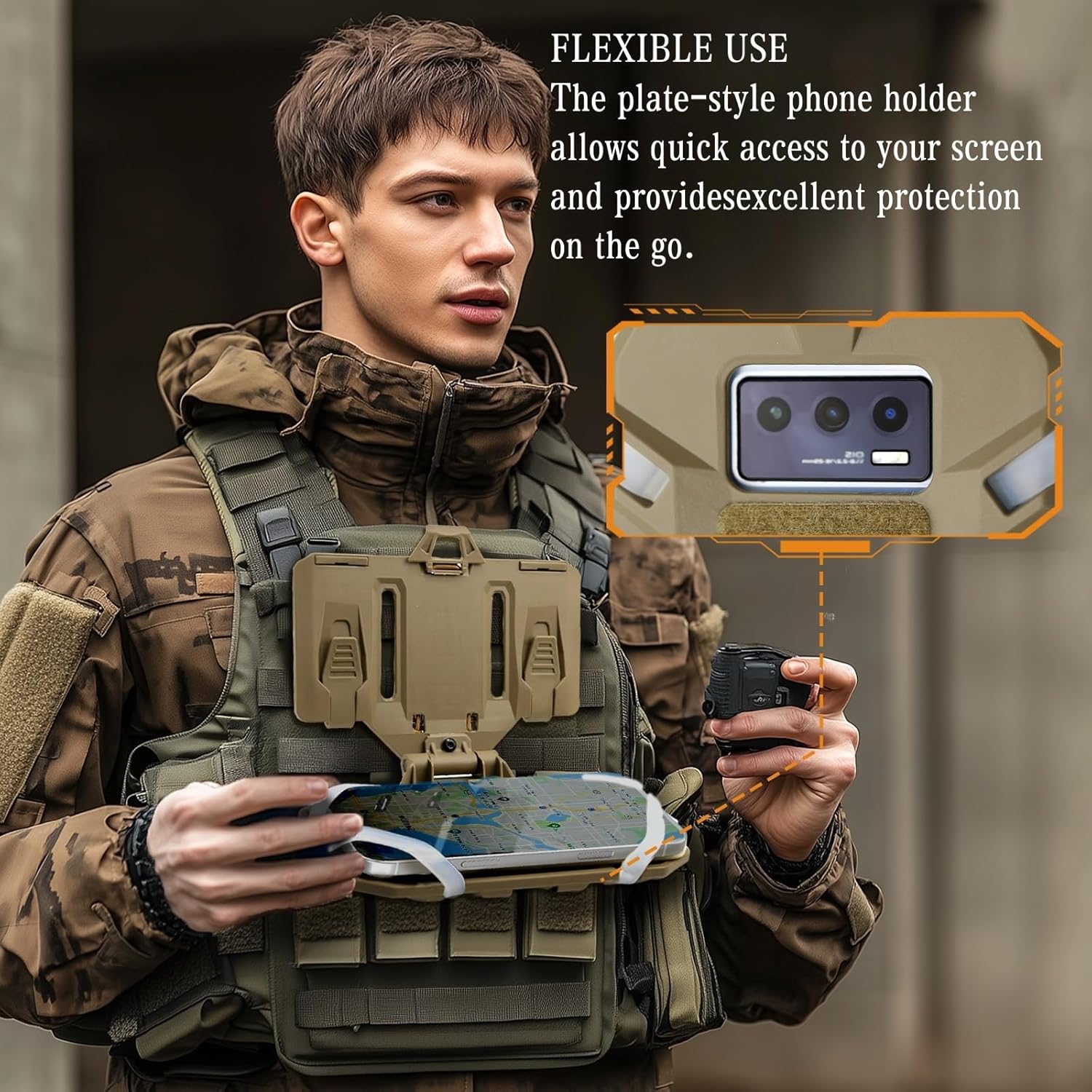 Molle Phone Holder, Universal Tactical Phone Holder with Foldable Navigation, Plate Carrier Phone Mount for Screen Size 4.7"-6.7" Phones