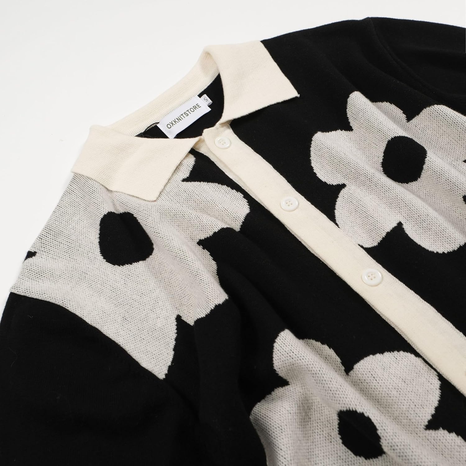 OXKNIT Mens Casual 60s Retro White Flower Knitted Short Sleeve Vintage Button Down Golf Polo - Image 4