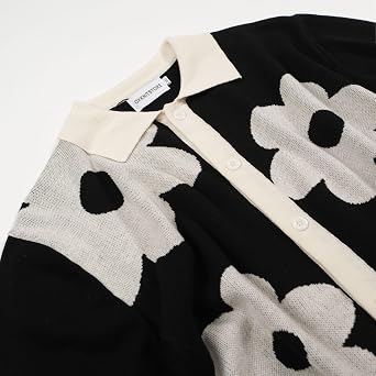 OXKNIT Mens Casual 60s Retro White Flower Knitted Short Sleeve Vintage Button Down Golf Polo
