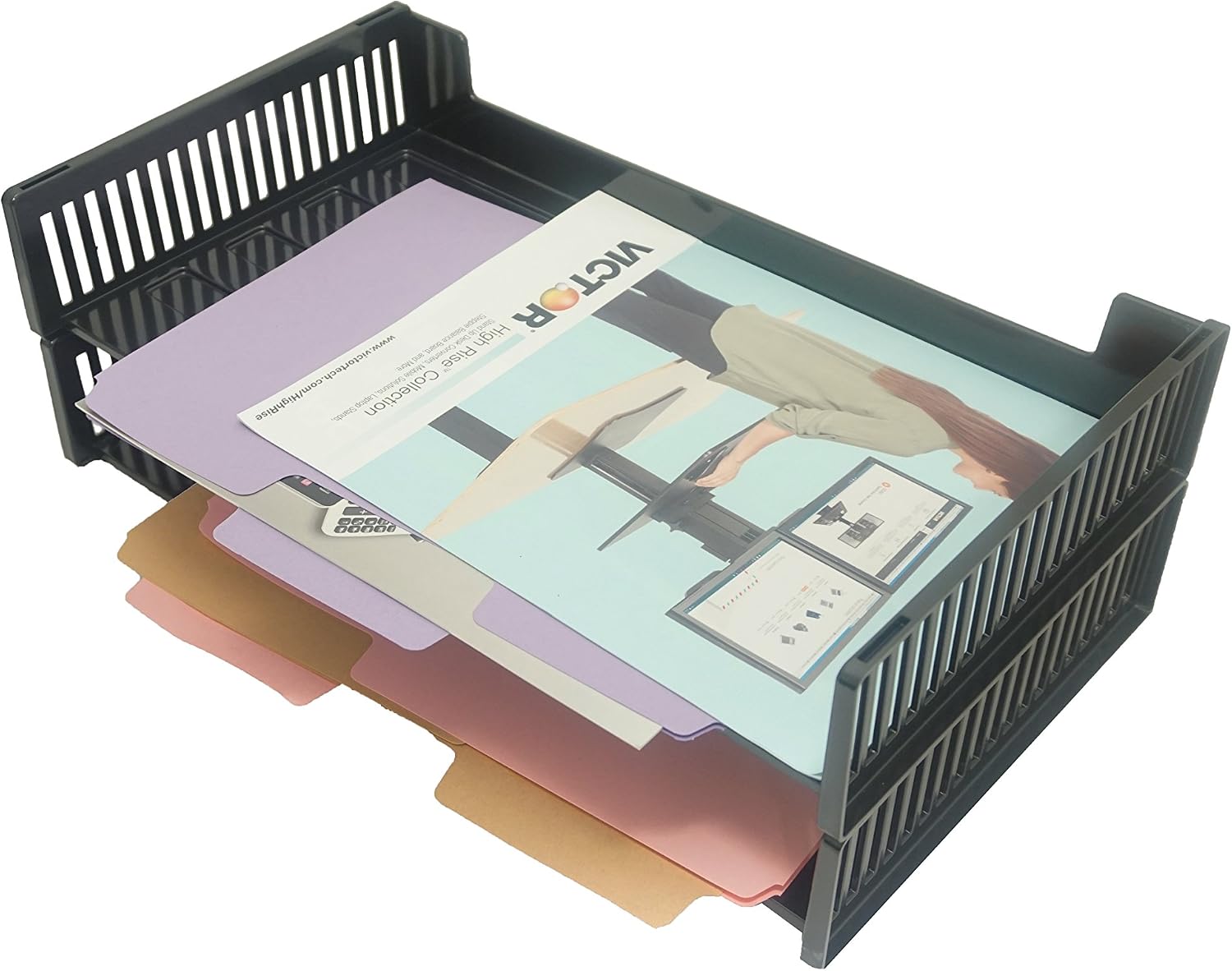 Victor Stacking Legal Size Office Desk Letter Trays, Set of 2, Black, Recycled Plastic