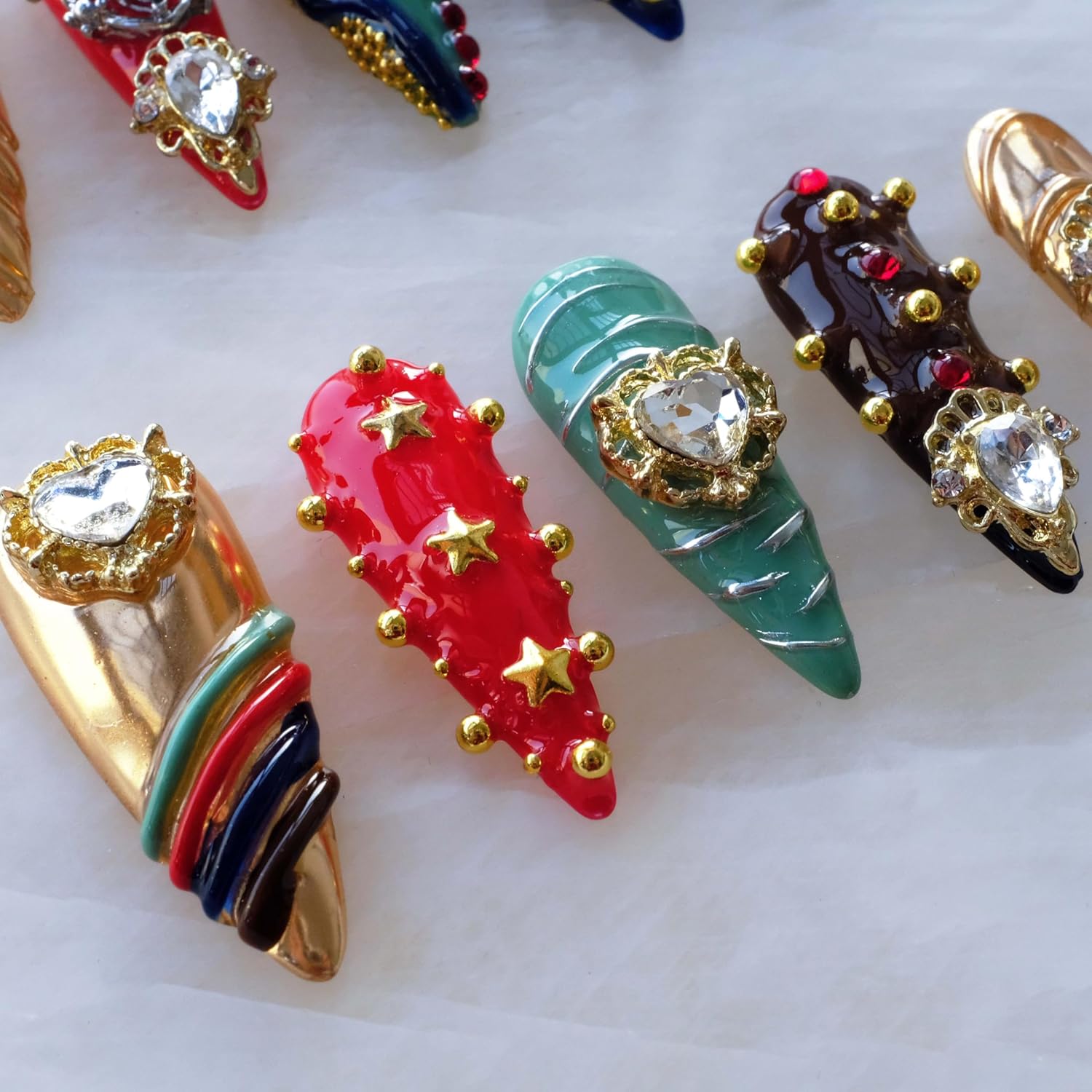 Luxury Handmade Press On Nails, Vintage Bohemian Style, Long Stiletto Shape, Crystal Heart Gems, Gold Stars Design, 10 Pieces (Medium, LS)