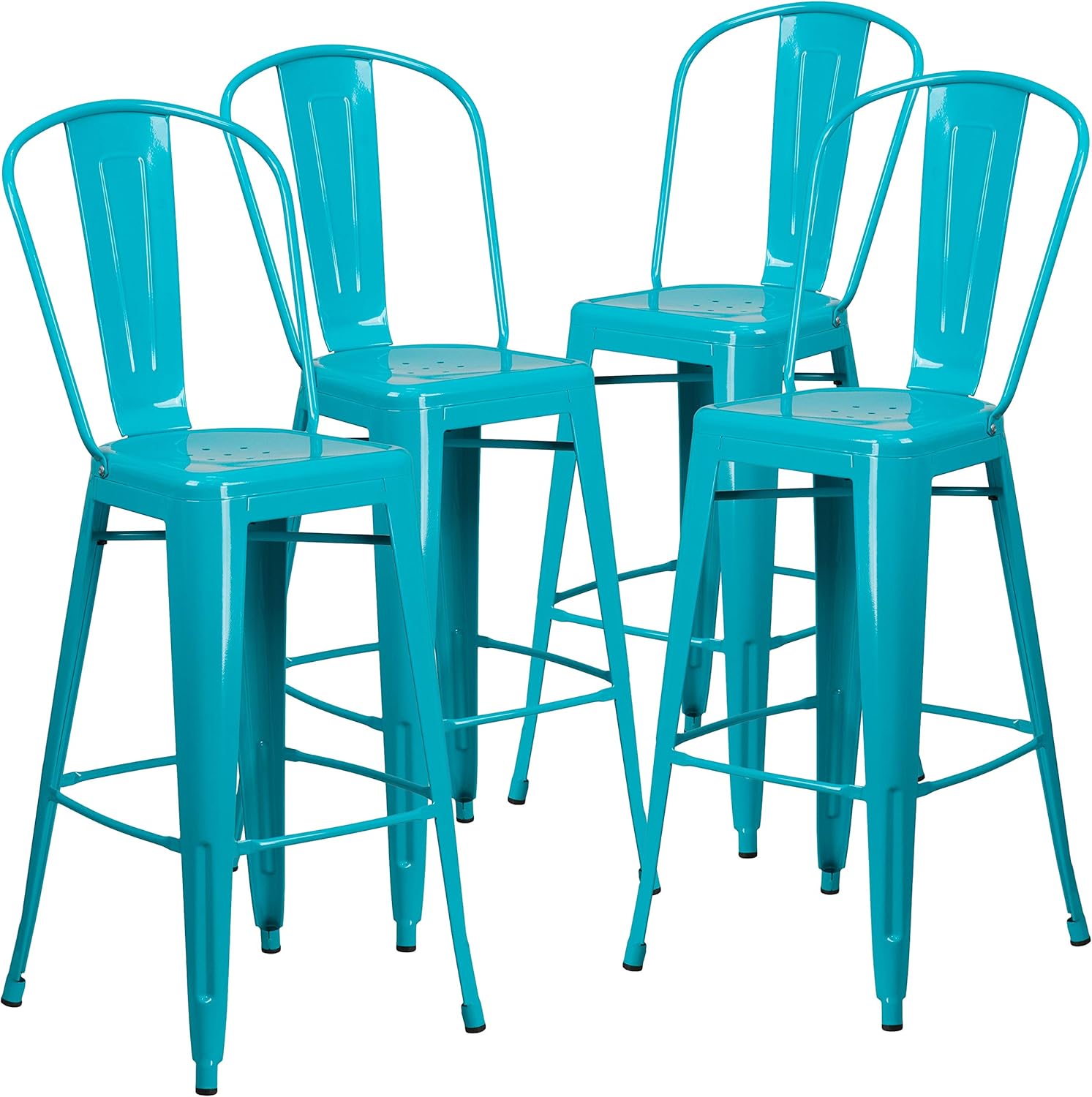 EMMA + OLIVER 4 Pack 30" High Crystal Teal-Blue Metal Indoor-Outdoor Barstool with Back