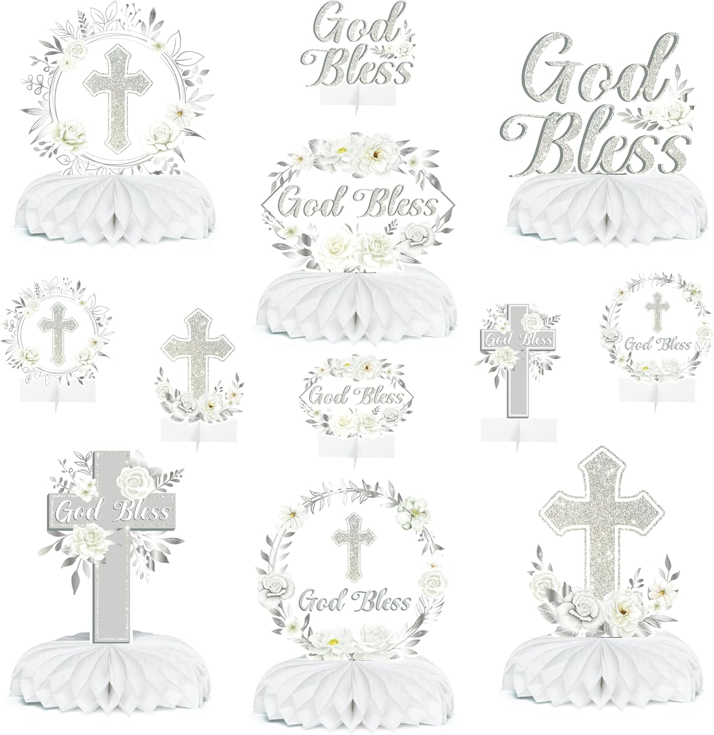 ANGOLIO Baptism Centerpieces Table Decorations - 12Pcs God Bless White Sliver Floral Honeycomb Centerpieces Party Supplies Cross Religious Table Toppers for Bible Baby Shower Birthday Party Favors