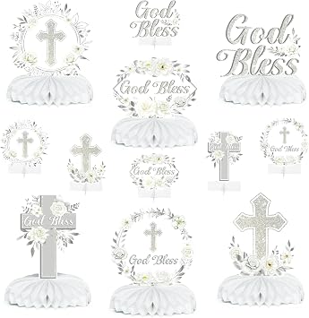 ANGOLIO Baptism Centerpieces Table Decorations - 12Pcs God Bless White Sliver Floral Honeycomb Centerpieces Party Supplies Cross Religious Table Toppers for Bible Baby Shower Birthday Party Favors