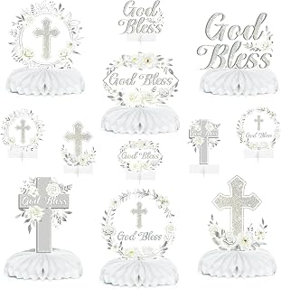 ANGOLIO God Bless Honeycomb Centerpieces, 12Pcs Baptism Table Decorations | White Sliver Floral Cross Christening Centerpieces, Boy Baby Shower Party Supplies, Religious Bible Birthday Table Toppers