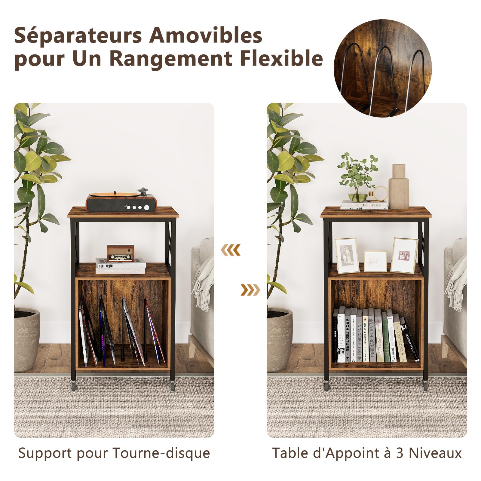 GOPLUS Meuble Platine Vinyle avec Station de Charge Intégrée, 2 Prises AC, 1 USB, et 1 Type-C, Support pour Tourne-Disque, 2 Roues Verrouillables, Style Industriel pour Vinyles et CD, 50x45x82cm