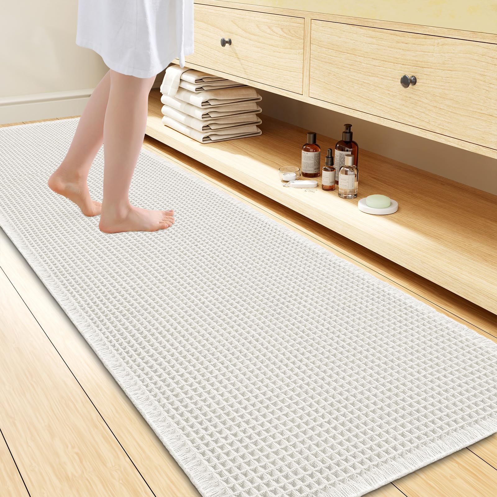 Smiry Waffle Bath Mat 72X24, Extra Soft Absorbent Bathroom Rugs, Off-White