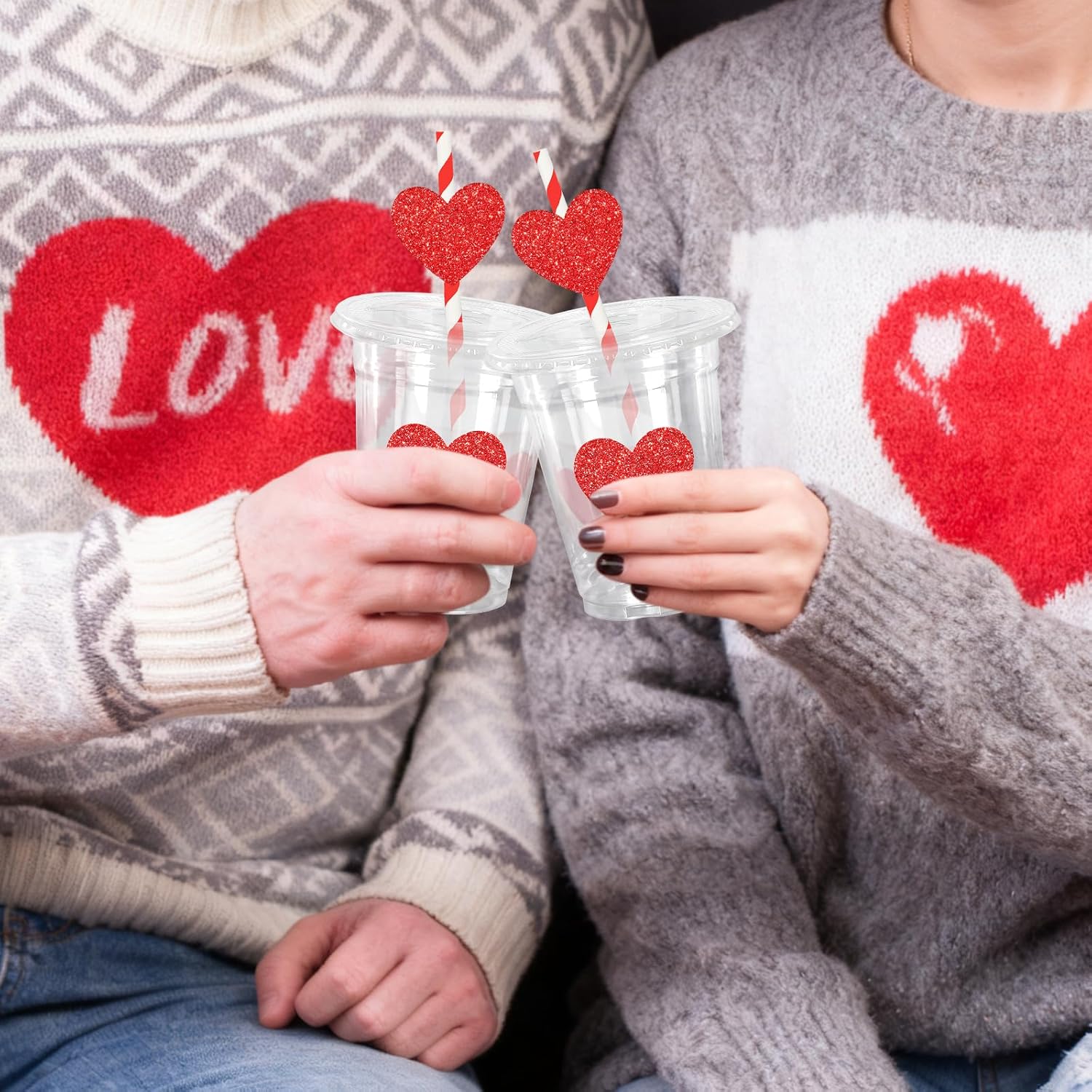 JarThenaAMCS 50Pcs Valentine's Day Disposable Plastic Cups with Lids and Straws 12oz Red Heart Glitter Party Cups Cold Beverage Drinking Cups for Wedding Birthday Party Supplies - Image 6